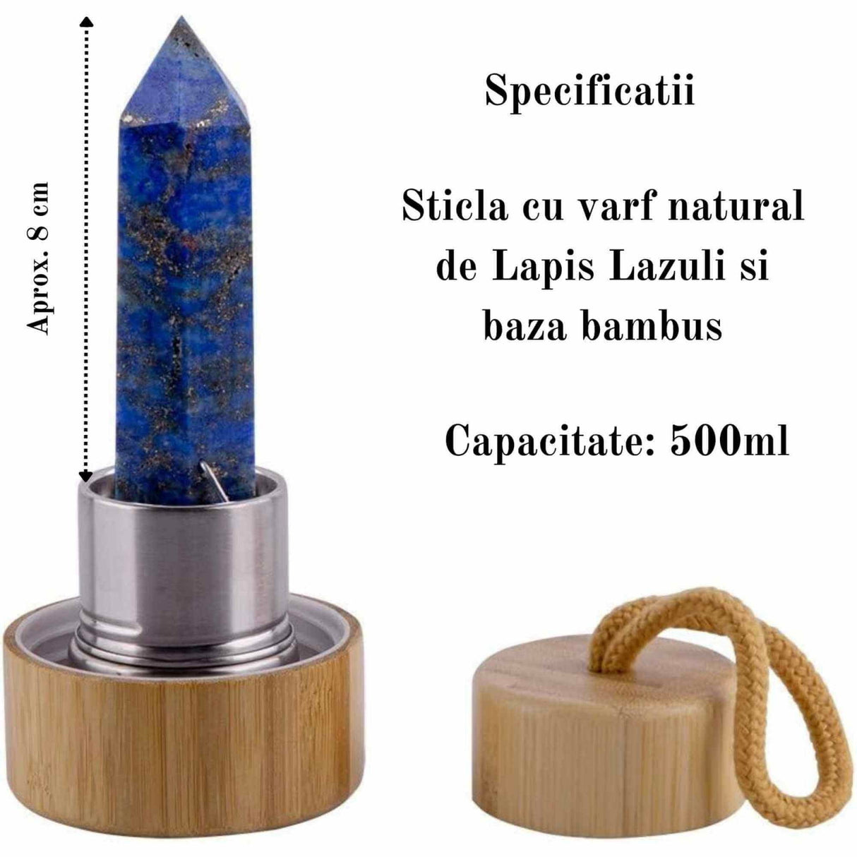 Sticla pentru apa cu varf cristal Lapis Lazuli si Bambus - Capacitate 500 ml si include husa de protectie neagra