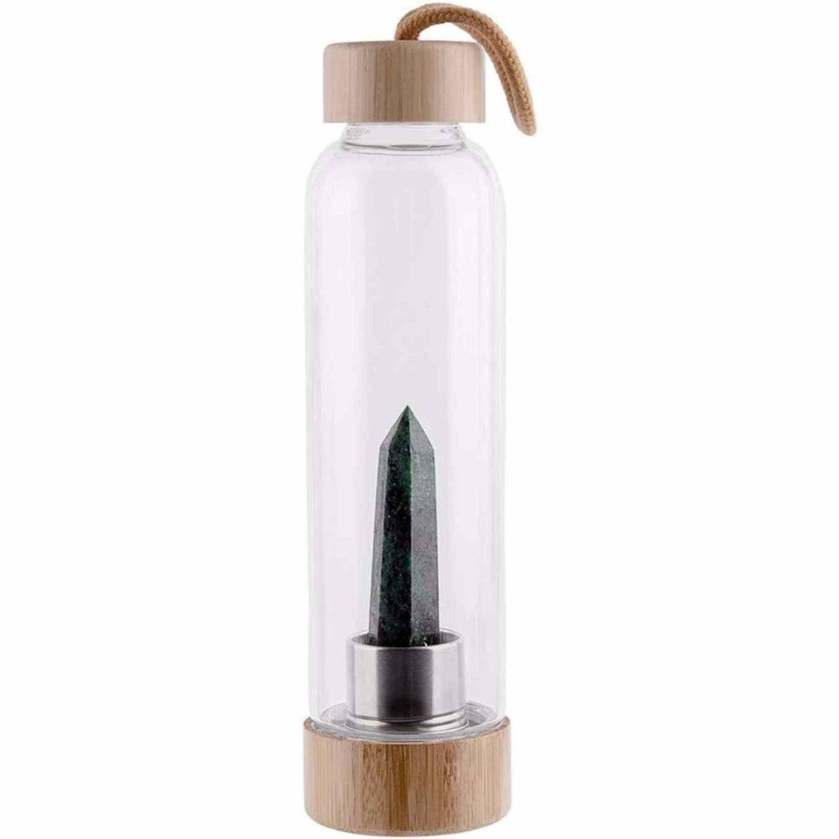 Sticla pentru apa cu varf cristal Labradorit si Bambus - Capacitate 500 ml si include husa de protectie neagra