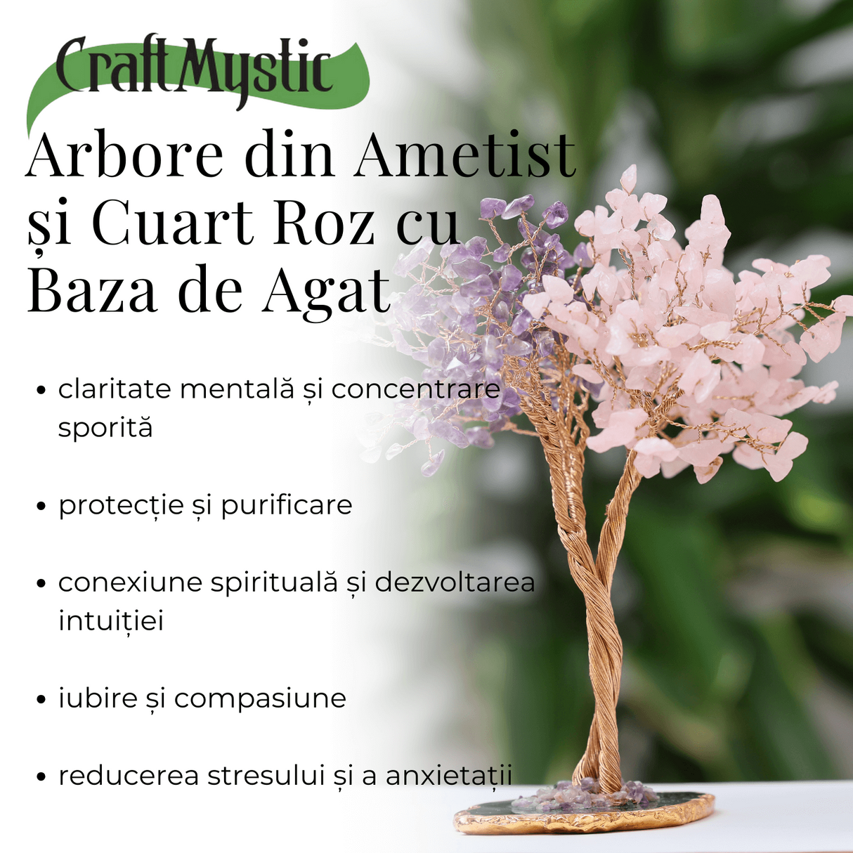 Copacel Decorativ cu Ametist si Cuart Roz pe Baza de Agat - Armonie si Energie - 20 cm, 280 Pietricele