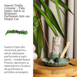 Suport 3 in 1 ceramic verde floare - Palo Santo, Salvie si Betisoare
