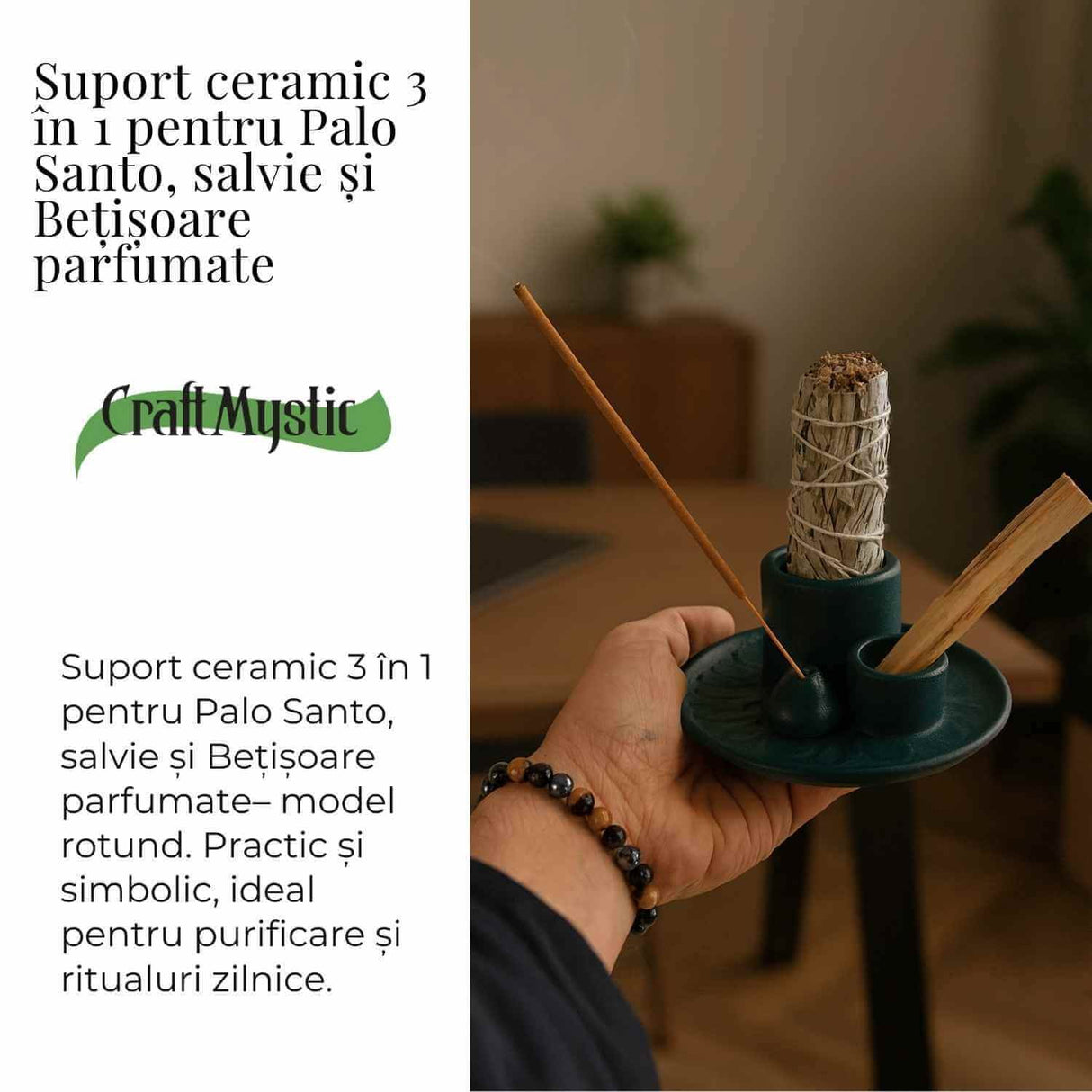 Suport ceramic 3 in 1 pentru salvie, Palo Santo si betisoare parfumate – model rotund