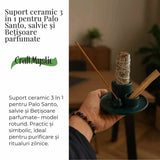Suport ceramic 3 in 1 pentru salvie, Palo Santo si betisoare parfumate – model rotund