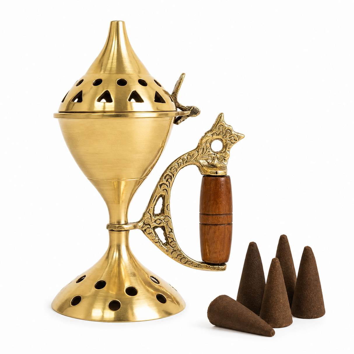 Arzator de Conuri din Alama cu Maner din Lemn – Ritual de Purificare si Relaxare Spirituala