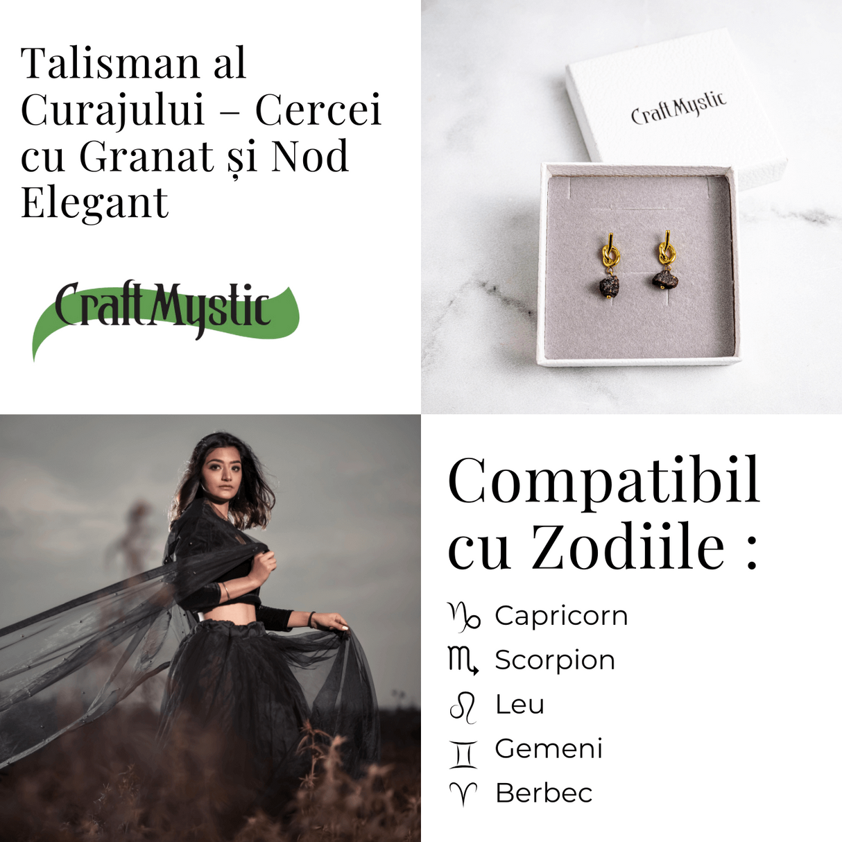 Talisman al Curajului - Cercei cu Granat si Nod Elegant
