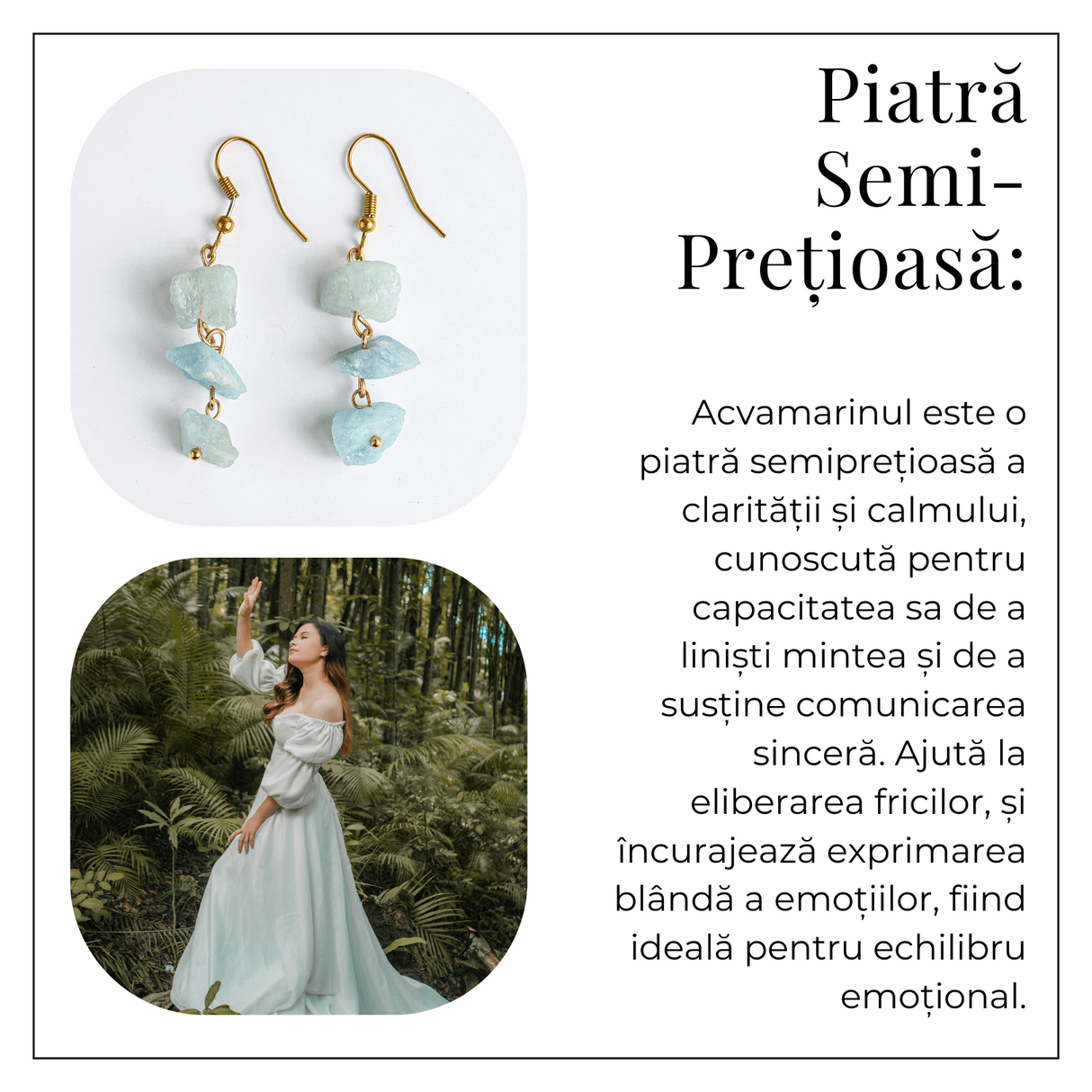 Fluviu de Calm - Cercei cu Acvamarin Brut si Elemente Aurii