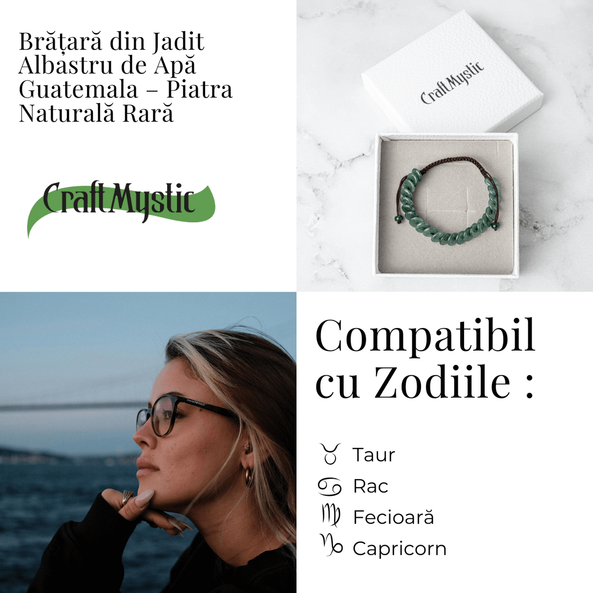 Liniste si Protectie - Bratara cu Jadit Albastru de Apa Natural din Guatemala, Margele Plate