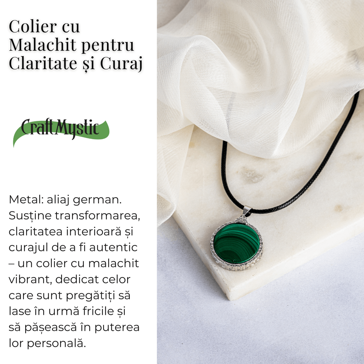 Puterea transformarii - Colier rotund cu malachit natural pentru claritate si curaj