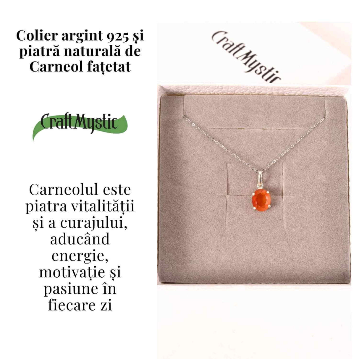 Colier Argint 925 cu Carneol Oval fatetat- Energie, Curaj si Vitalitate