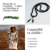 Protectie si Claritate - Colier Mala cu Obsidian si Ciucure Boho
