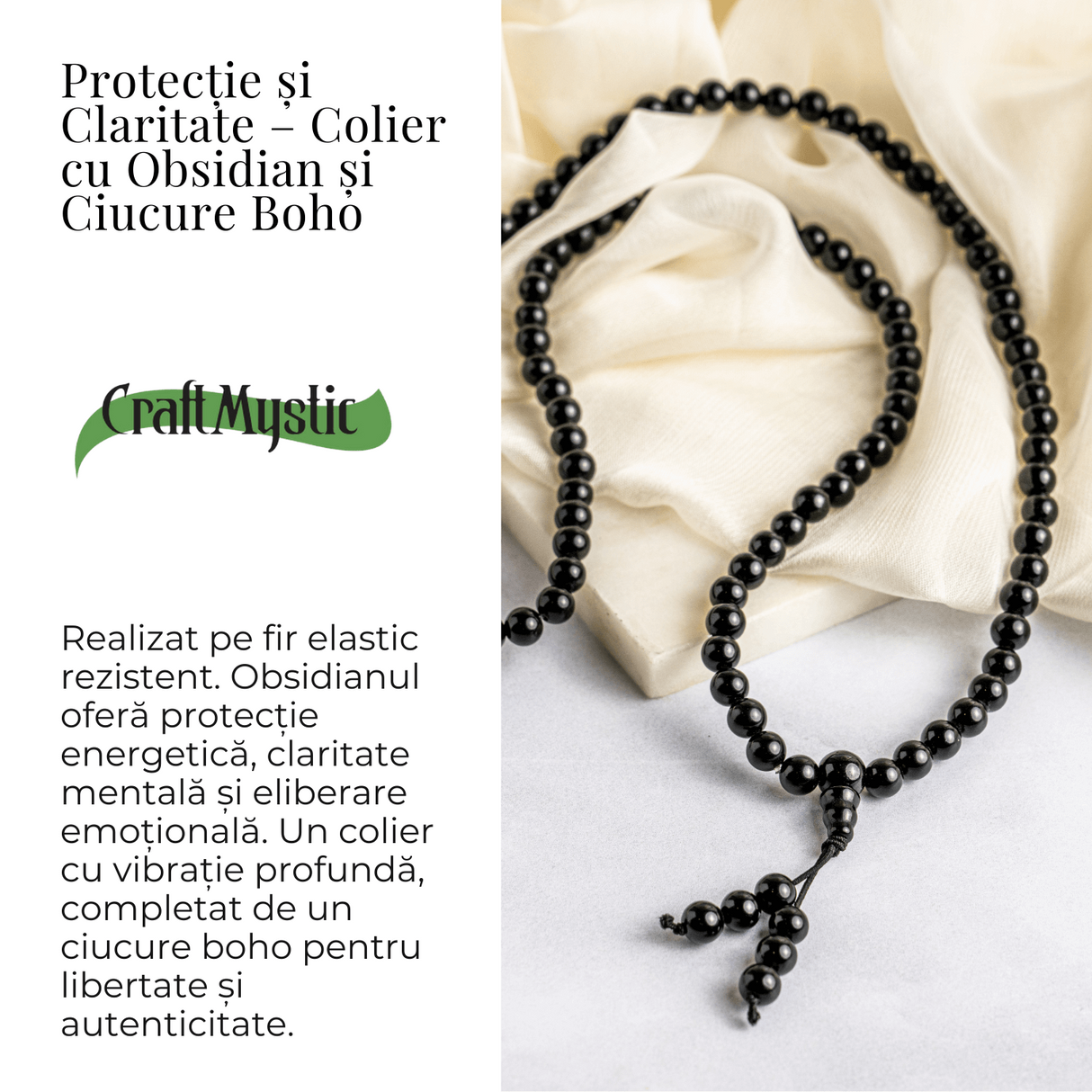 Protectie si Claritate - Colier Mala cu Obsidian si Ciucure Boho